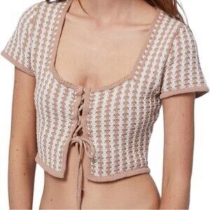 Blue Rain Brown and White 100% Cotton Lace Up Boho Hippie Knit Crop Top Small